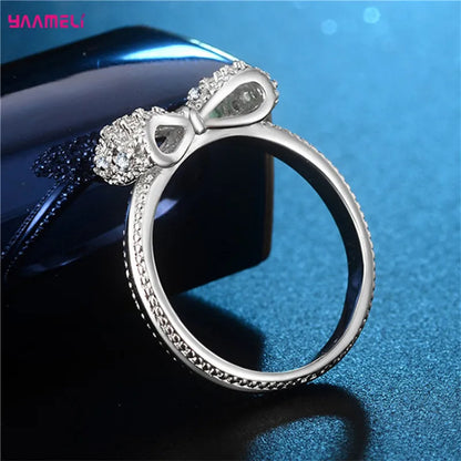 Sparkling 925 Sterling Silver Color Wedding Rings for Women Cubic Zircon Crystal Bowknot Fashion Engagement Ring