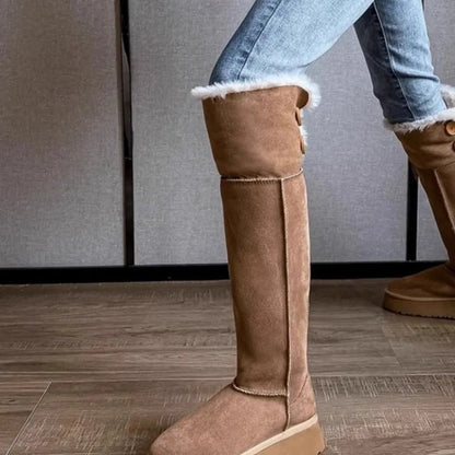 Turned-over Edge Knee-high Snow Boots Flat with Slip-on Ladies Shoes 2024 High Quality Round Toe Mid Heel Concise Women's Boots