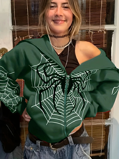 EtherealBe green spider web zipper hoodie for women styled with black crop top and layered necklaces
