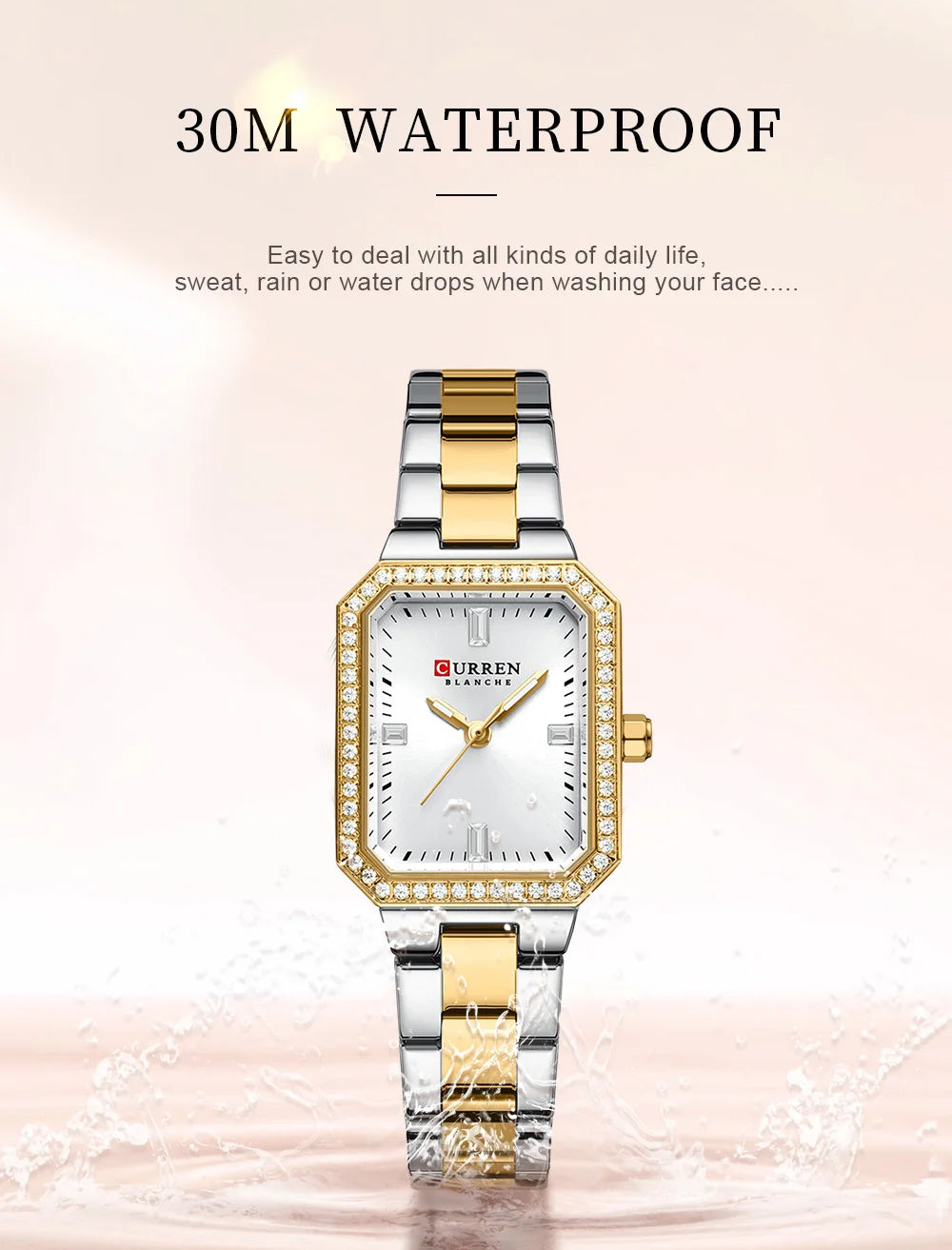 CURREN Luxurious Elegant Women's Watches Classic Rectangular Dial with Rhinestones Luminous Hands Waterproof