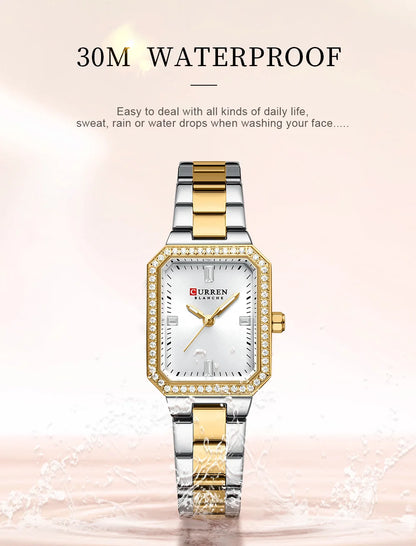 CURREN Luxurious Elegant Women's Watches Classic Rectangular Dial with Rhinestones Luminous Hands Waterproof