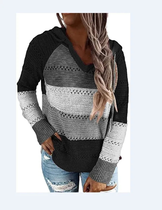 Women Patchwork Hooded Sweater Casual Long Sleeve Knitted Sweater Top Striped Elegant Pullover Jumpers Autumn Winter Plus Size