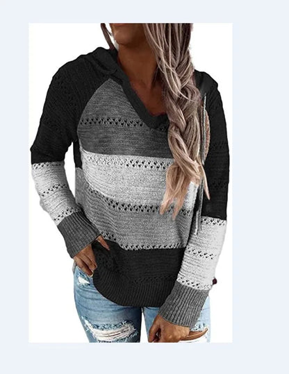 Women Patchwork Hooded Sweater Casual Long Sleeve Knitted Sweater Top Striped Elegant Pullover Jumpers Autumn Winter Plus Size