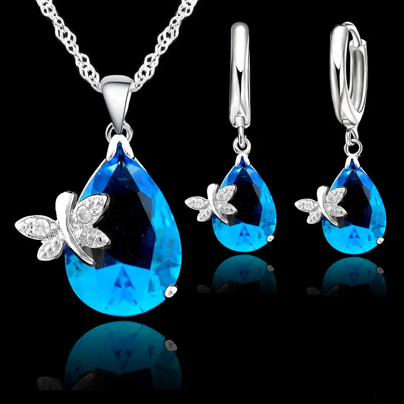 Bridal Jewelry Set 925 Sterling Silver Stamp Water Drop Dragonfly CZ Crystal Woman Girl Engagement Anniversary Necklace Earring