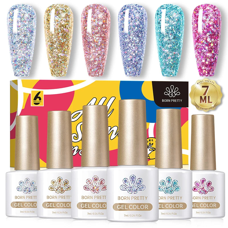 BORN PRETTY 7ml Glitter Gel Nail Polish Set Sparkly Shiny Gold Silver Pink Glitter Gel Polish Kit Winter Christmas Gift Box