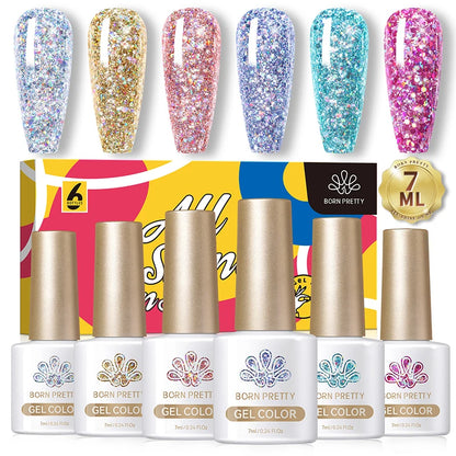 BORN PRETTY 7ml Glitter Gel Nail Polish Set Sparkly Shiny Gold Silver Pink Glitter Gel Polish Kit Winter Christmas Gift Box
