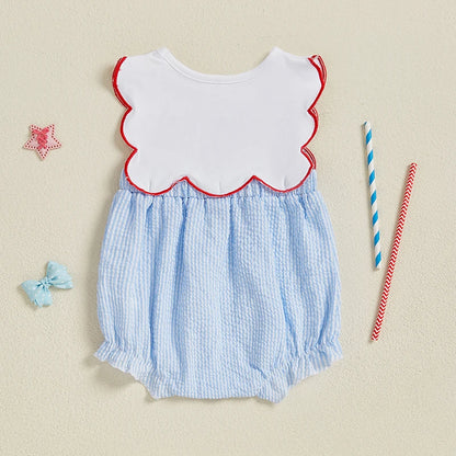 Toddler Girls Patriotic Sleeveless Romper with American Flag Embroidery and Striped Design for Independence Day
