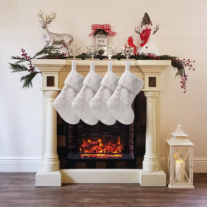 Large White Christmas Stockings Plush Socks Gifts Candy Bag Xmas Tree Pocket Hanging Ornament New Year Christma Decorations