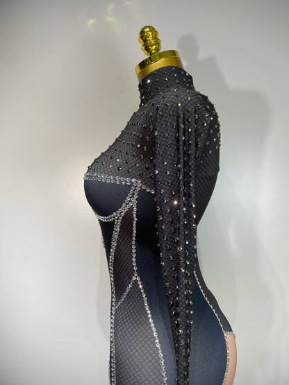 STOCK Sparkly Diamond Women Sexy Mesh Jumpsuit Nightclub Bar Party Show Gogo Dancer Clothing Drag Queen Outfit Stage Costume