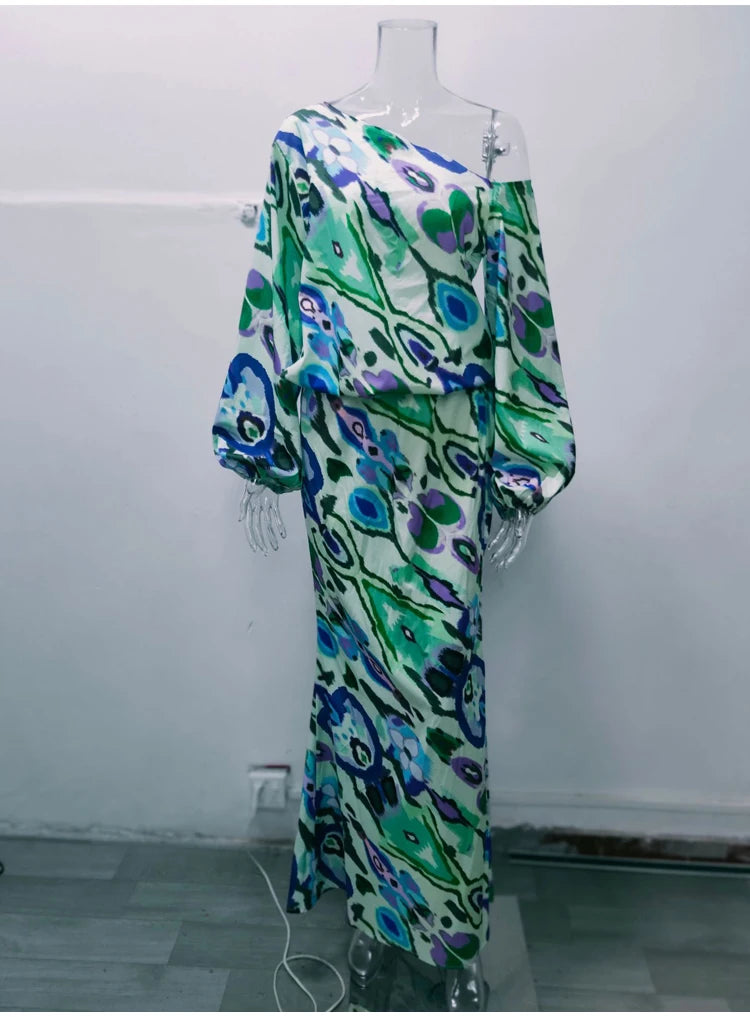 Autumn Casual Loose Print Two-piece Women Off Shoulder T-shirt Asymmetrical Long Sleeved Top And Half Body Fishtail Skirt Set