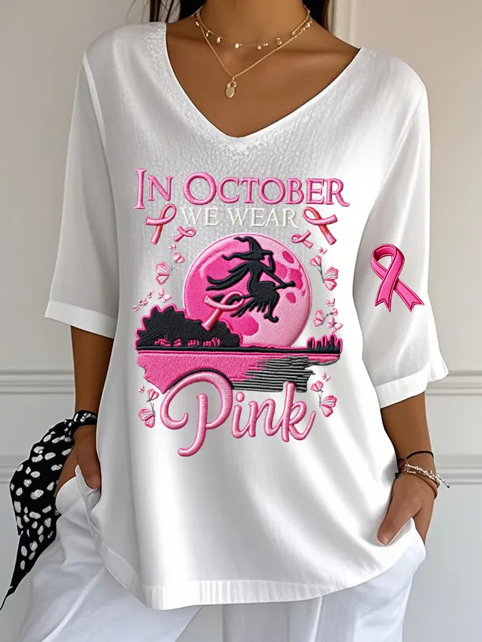 EtherealBe women's Halloween graphic t-shirt in white with pink moon and awareness ribbon design