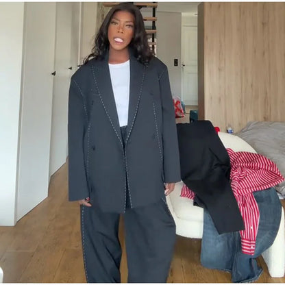Casual Loose Women's Blazer Pant Suits Lapel Doube-Breasted Top Straight Pants Lady Set 2025 Autumn New 2 Pieces Set Women