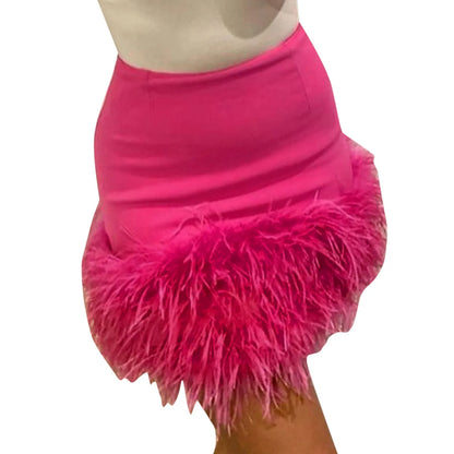 Pink Feather Spliced Skirts for Women 2024 Summer Women's Fashion Feather Tassel Short Skirt High Waist Slim Party Club Skirts