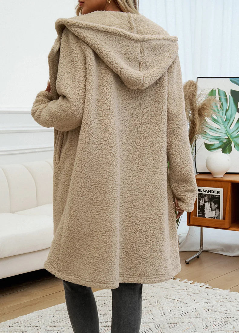 2024 Autumn and Winter Temperament Casual Loose Hooded Knitted Jacket Women's Clothing Пальто Женское