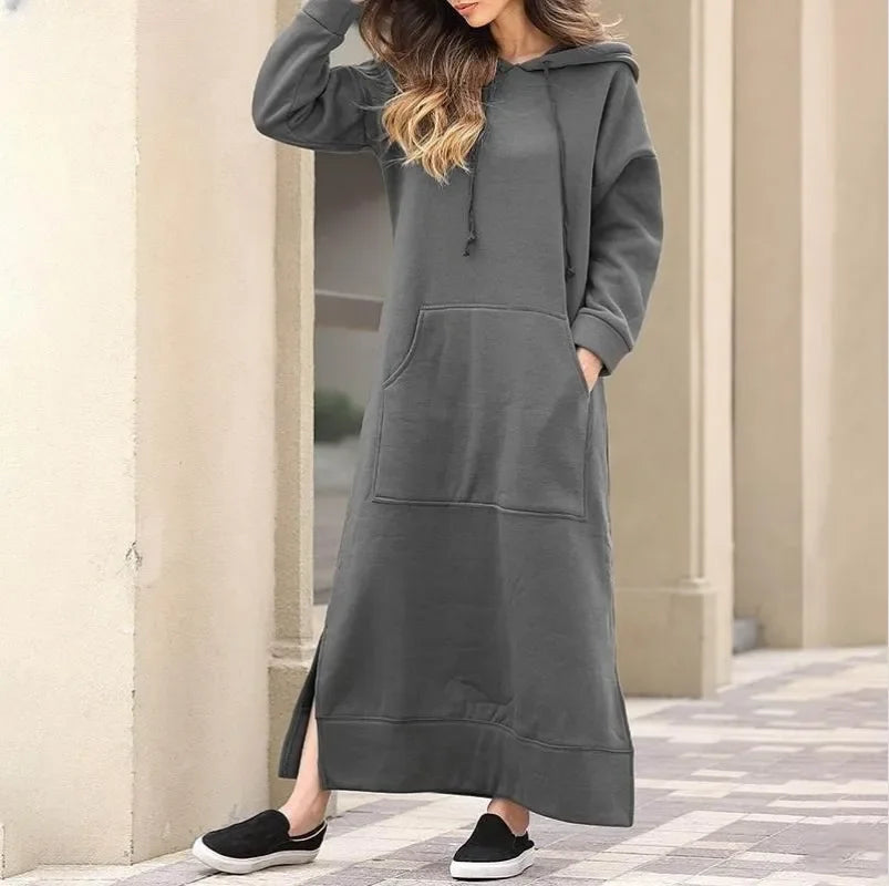 Autumn and Winter New Loose Size Knitted Hooded Long Dress Plush Casual Fashion Dress Large Pocket Skirt Women's Wear