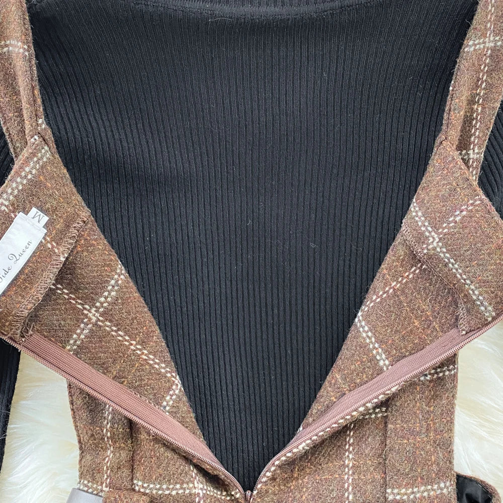 High Quality Fall Winter Women Sweater Overalls Dress Sets Casual Knitted Tops +Plaid Woolen Dress 2 Piece Sets Outfits Female