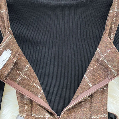 High Quality Fall Winter Women Sweater Overalls Dress Sets Casual Knitted Tops +Plaid Woolen Dress 2 Piece Sets Outfits Female