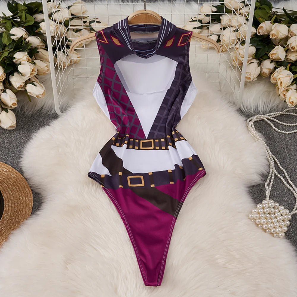 kawaii cartoon bodysuit costume for women high cut purple magenta cosplay bodysuit with printed belt and hood