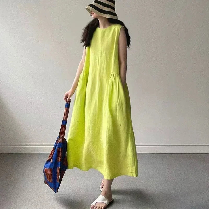 Minimalist Summer Lazy Style round Neck Long Oversized Sleeveless Dress Maxi Dress Comfortable Loose Fit V-Neck Knee-Length Dres