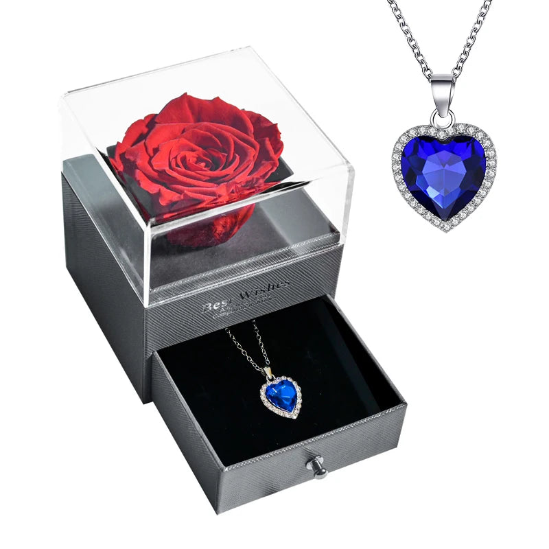 New Fashion Pendant Necklace In Rose Flower Jewelry Gift Box Preserved Rose Necklace Set Wedding Christmas Gift for Girlfriend