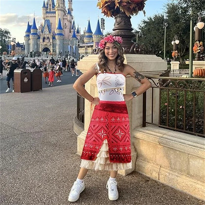 EtherealBe Moana cosplay costume for women featuring a colorful skirt and floral crown at a theme park