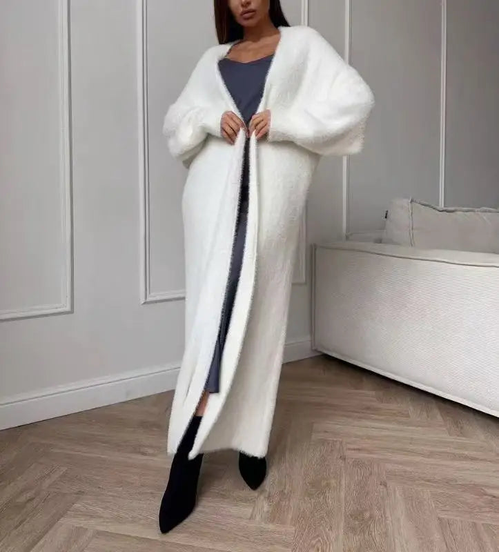 Autumn Elegant Women Fuzzy Knit Long Cardigan Fashion Casual All White Simple Coat 2025 Holiday Work Female Knitwear Overcoat