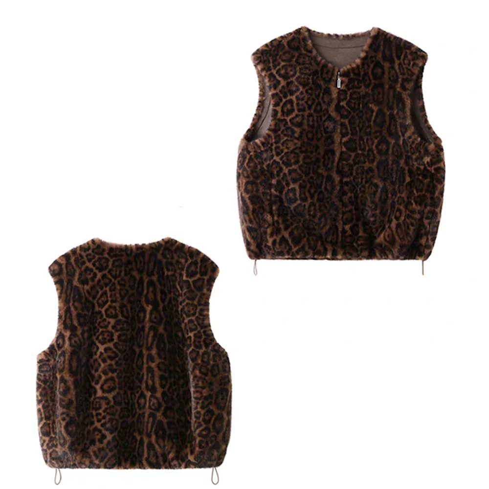 Winter fashion  casual senior sense thin  fur integrated leopard print vest warm top clothing  chalecos para mujer
