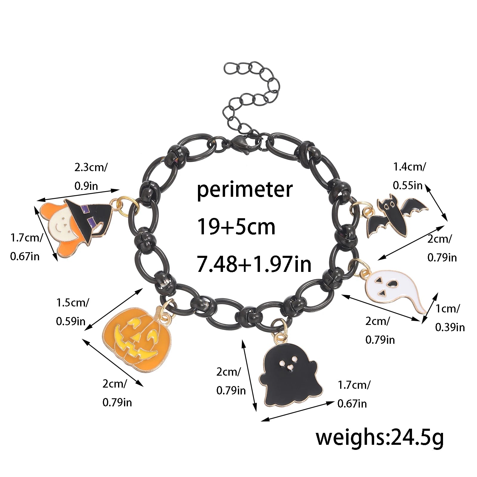 Black Halloween charm bracelet for women featuring spooky charms like ghosts and pumpkins