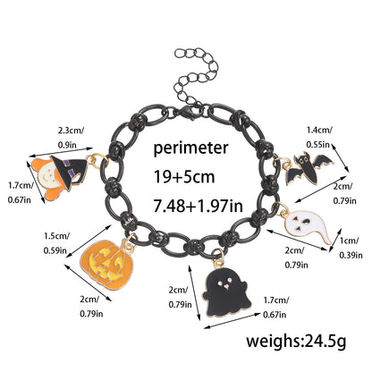 Black Halloween charm bracelet for women featuring spooky charms like ghosts and pumpkins
