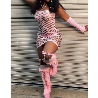 Pink Mini Dress Women Strapless See Through Backless Sleeveless Skinny Vestido Female Party Night Clubwear Mesh Lingerie Dress