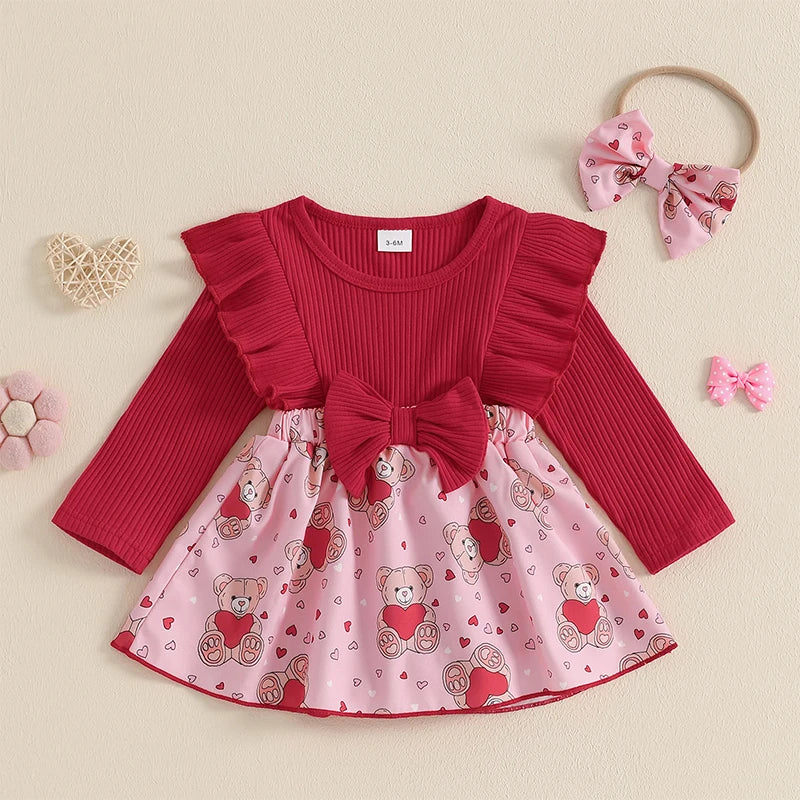 Infant Girls Rompers Dress Valentine s Day Outfit Bear Heart Print Skirt Hem Long Sleeve Spring Jumpsuits with Matching