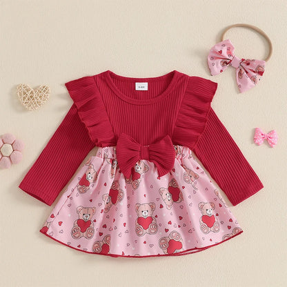 Infant Girls Rompers Dress Valentine s Day Outfit Bear Heart Print Skirt Hem Long Sleeve Spring Jumpsuits with Matching