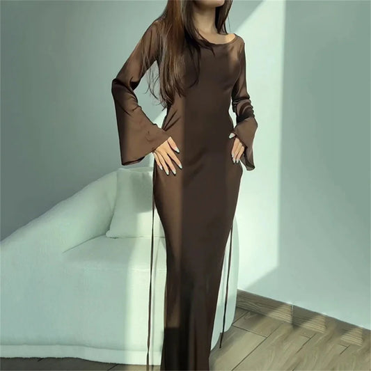 Women‘s Maxi Dress 2025 New Silk Long Round Neck Satin Flare Sleeve Lace Up Slim Skirt Evening Party Dresses Sexy Chic Robes