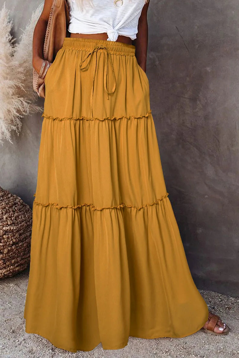 Women's Spring  Autumn New Long Skirt Solid Color Fashionable Mushroom Layered Skirt High Waist Elastic Ruffle Skirt