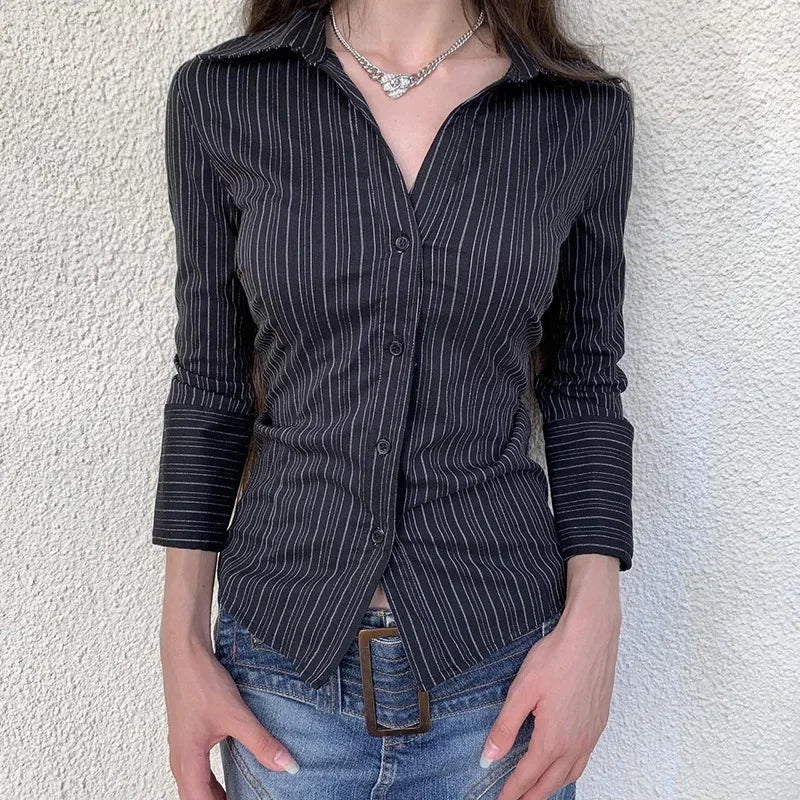 Y2K Black Striped Long Sleeve Button Up Shirt Autumn Elegant Casual Turn-down Collar Blouse Office Lady Women T-shirt
