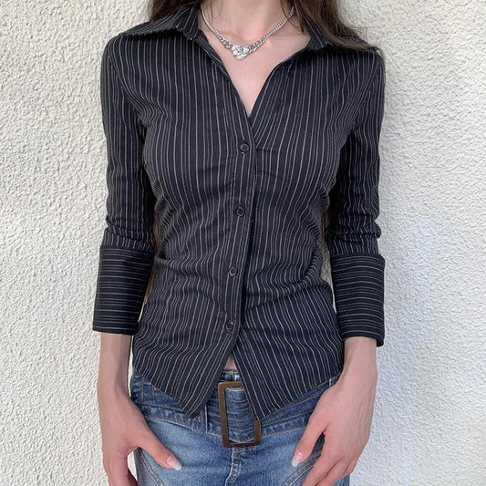 Y2K Black Striped Long Sleeve Button Up Shirt Autumn Elegant Casual Turn-down Collar Blouse Office Lady Women T-shirt