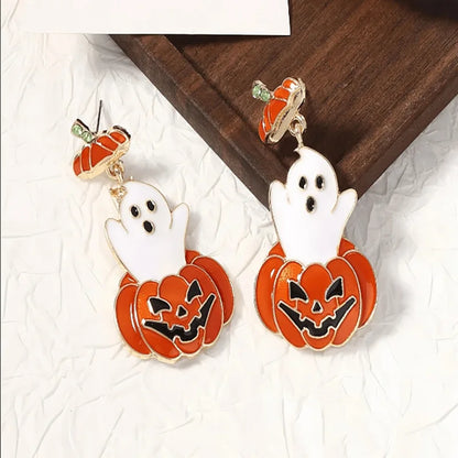Colorful Halloween ghost earrings for women featuring a ghost on a pumpkin design