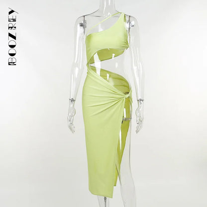 BoozRey Sexy One Shoulder Midi Dresses for Women Backless Split Club Party Hollow Cut Out 2022 Summer Sleeveless Birthday Dress