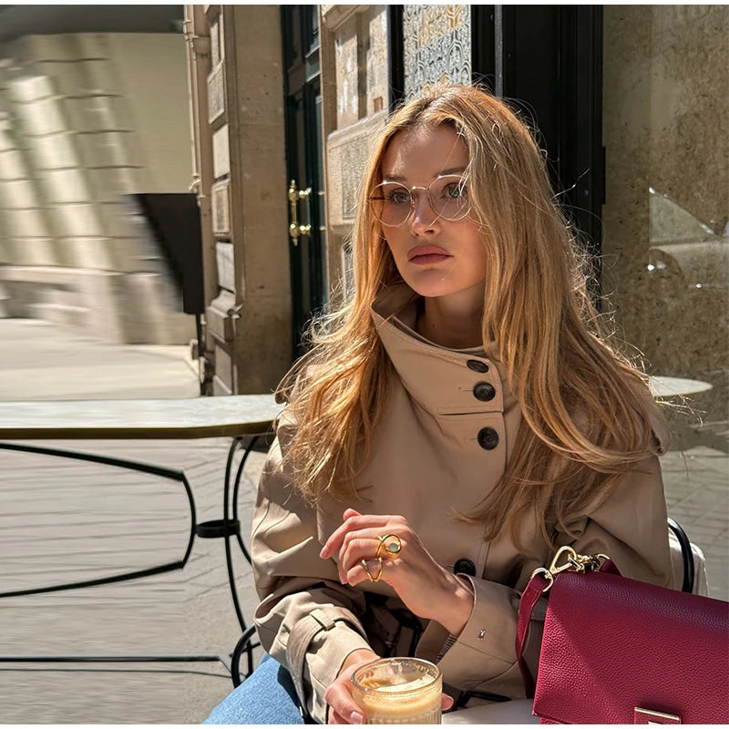 Belted Waist Cropped Trench Double Breasted Stand Collar 2025 Autumn Chic Elegant Women Coat Casual Vintage Office Lady Jacket