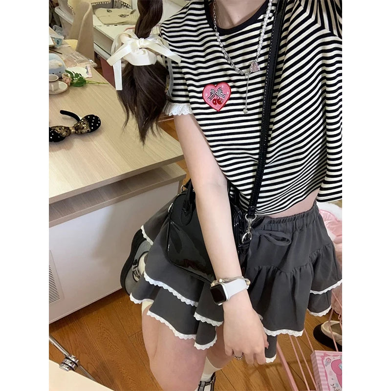 Summer Y2k Skirts Women's Clothes High Waist Lace A-line Jupe Fashion Sweet Saia Tunic Mini Skirt 2023 Faldas Mujer De Moda