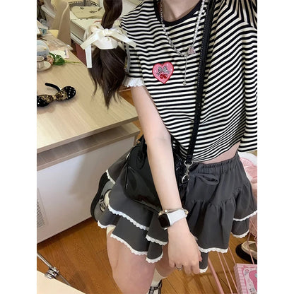 Summer Y2k Skirts Women's Clothes High Waist Lace A-line Jupe Fashion Sweet Saia Tunic Mini Skirt 2023 Faldas Mujer De Moda