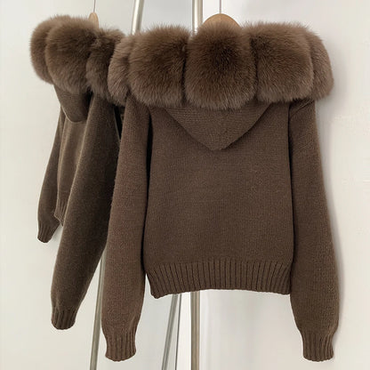 Coat Women Cardigan Natural Fox Fur Coat Women Real Mongolian Fur Knitwear Female Spring Autumn Hooded Knitted Fur Jacket
