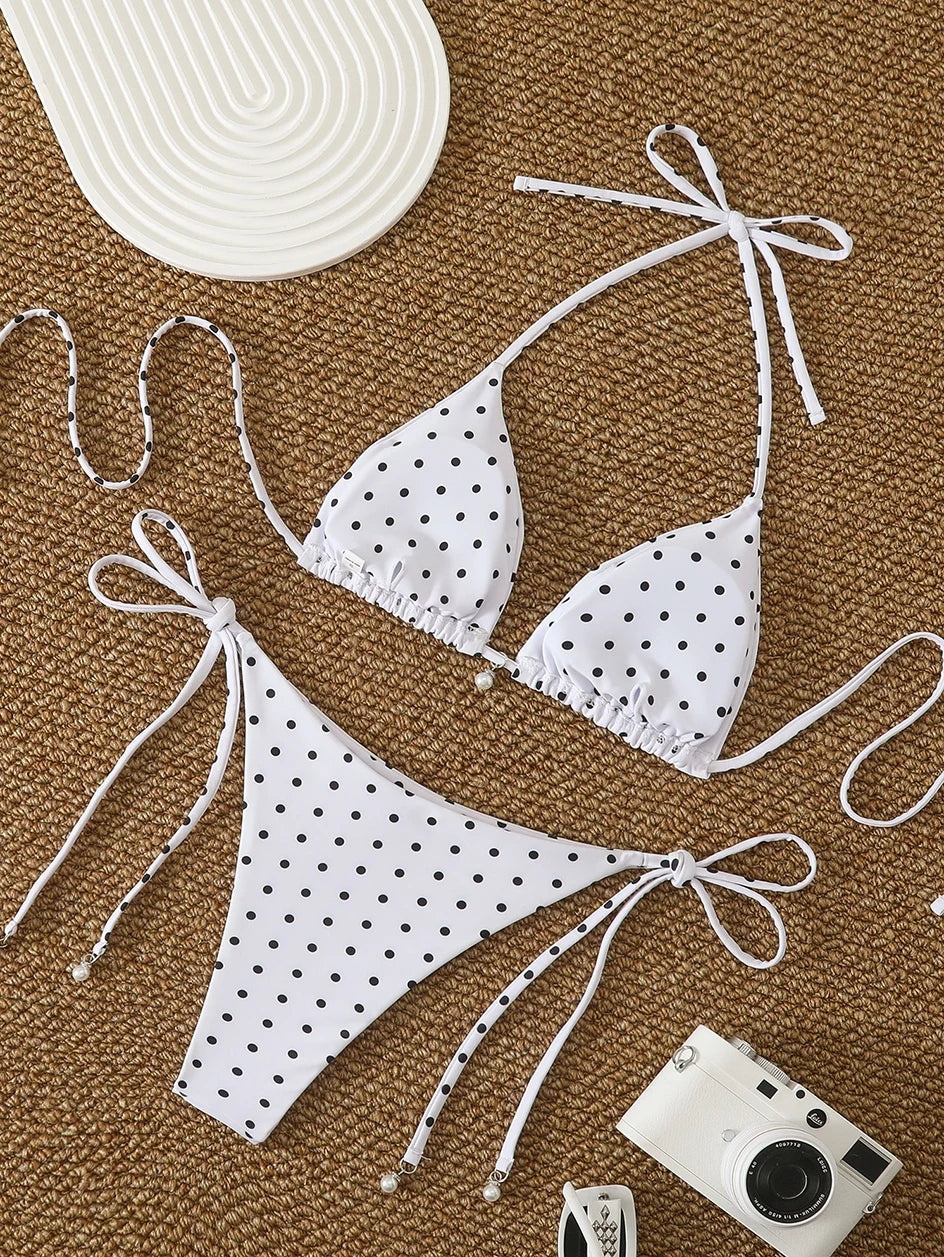 Trend Bikinis 2026 Women's Swimsuit Sexy Pearl Micro Bikinis Sets Dot Print Female Swimwear for Woman Bathing Suits Beachwear