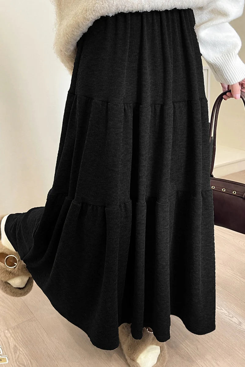Autumn Casual Knit Pleated Skirt for Women Elegant Solid Color A Line Long Skirts Korean Streetwear High Waist Patchwork Skirt