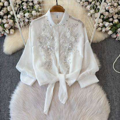 Beads Sequin Flower Blusas Mujer Rainbow Color Shirts & Blouses Lace-up Bow Camisas 2026 Spring Women Clothing Ropa