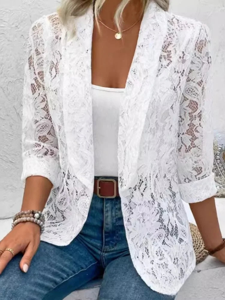 Fashion Women Lace Hollow Out Elegant Long Sleeve Coat Autumn Solid Color Loose Cardigan Blazer Spring Casual suit Jacket