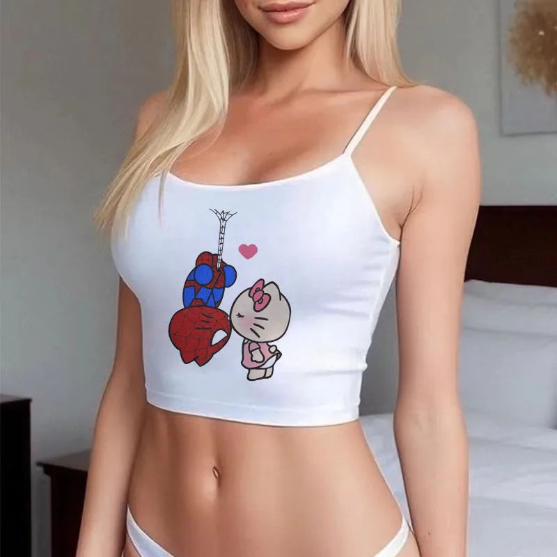 Sanrio Hello Kitty cute crop top white spaghetti strap crop top featuring Hello Kitty and Spider Man print on model