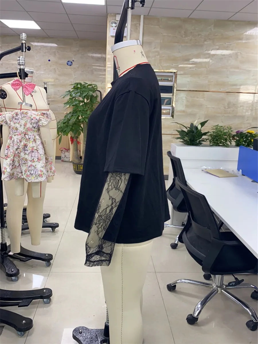 Women Round Neck T-Shirt Lace Long Sleeve Casual Shirts Spring Fall Loose Fit Tops Ladies Solid Color Tee for Streetwear Y2K 00s