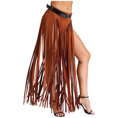 Womens Hippy Cosplay Costume High Waist Suede Underwear with Long Tassels And Belt Halloween Dress Up 70s Disco Costume