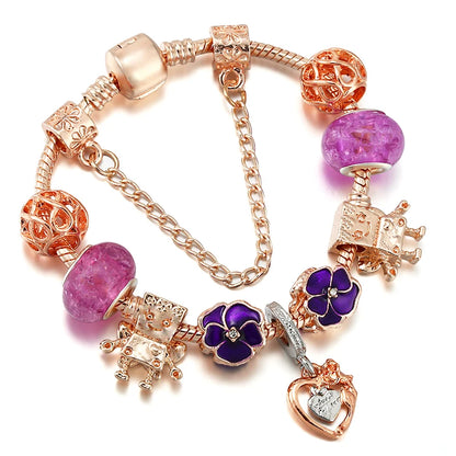 Spring Style Charms Bracelets For Women With Snake Chain Pink Daisy DIY Charms Beads Pendants Fashion Jewelry Dropshipping